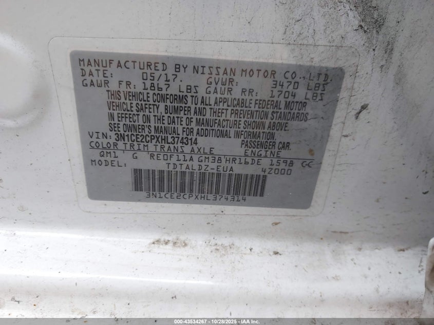 3N1CE2CPXHL374314 2017 NISSAN VERSA photo no. 9