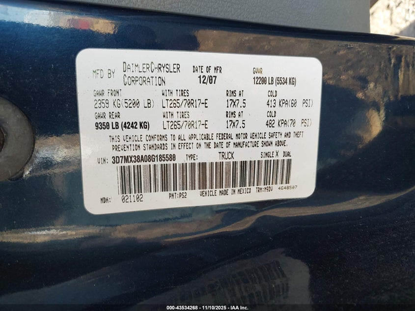 2008 Dodge Ram 3500 St/Sxt VIN: 3D7MX38A08G185580 Lot: 43534268