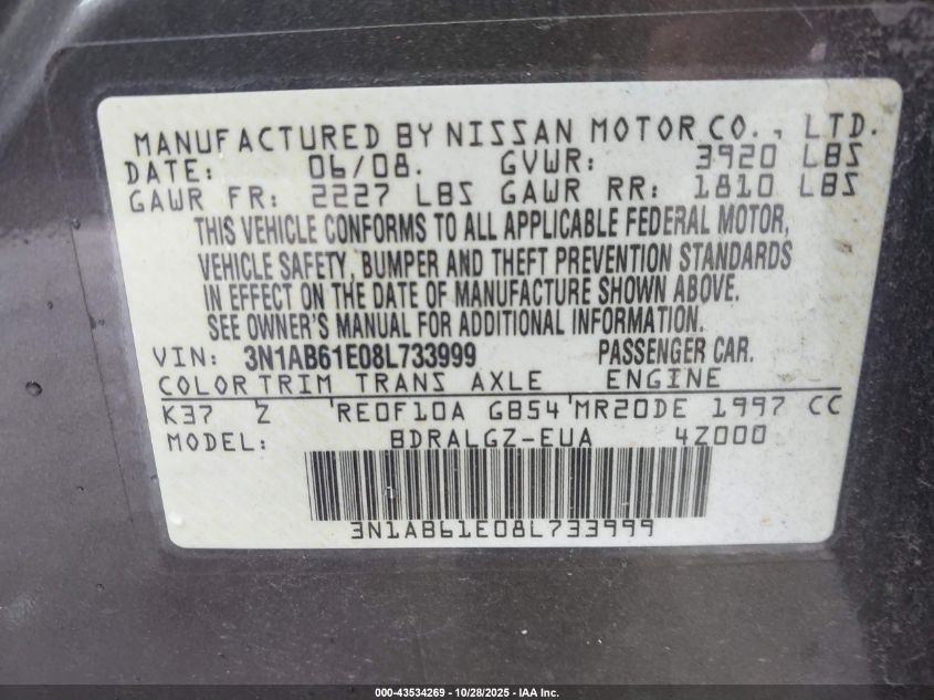 2008 Nissan Sentra 2.0Sl VIN: 3N1AB61E08L733999 Lot: 43534269