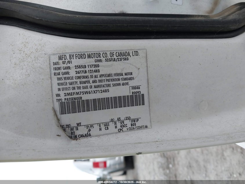 2001 Mercury Grand Marquis Ls VIN: 2MEFM75W61X712485 Lot: 43534272