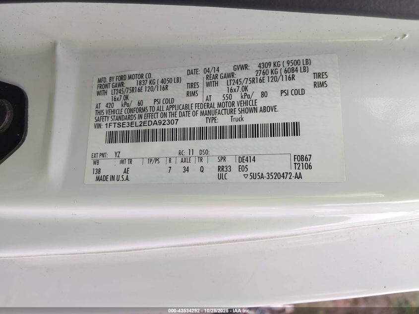 2014 Ford E-350 Super Duty Commercial VIN: 1FTSE3EL2EDA92307 Lot: 43534292