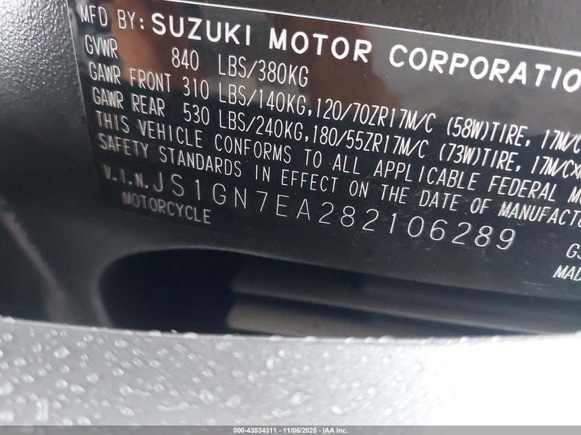 2008 Suzuki Gsx-R600 VIN: JS1GN7EA282106289 Lot: 43534311