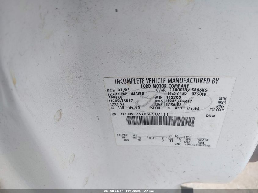 2005 Ford F-350 Xl/Xlt VIN: 1FDWF36Y05EC07114 Lot: 43534347