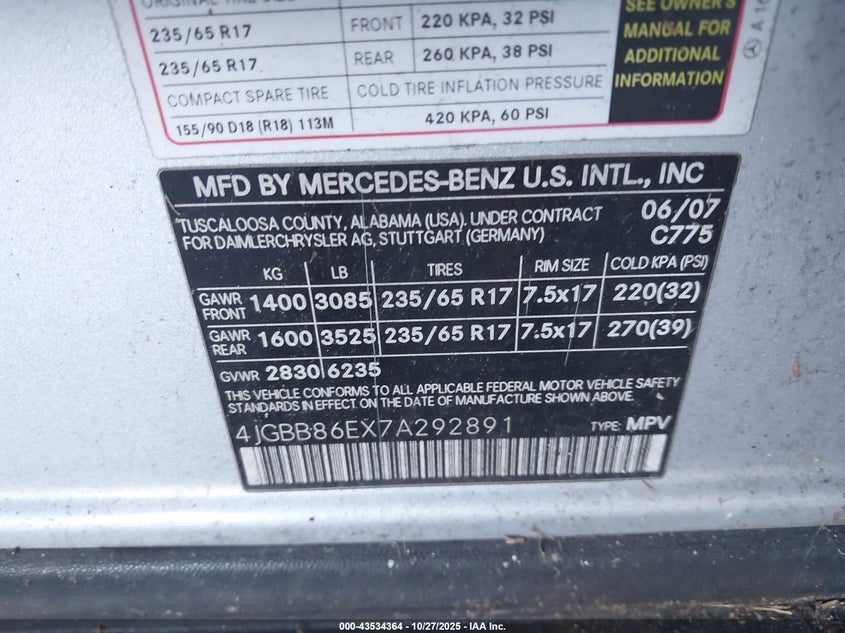 2007 Mercedes-Benz Ml 350 4Matic VIN: 4JGBB86EX7A292891 Lot: 43534364