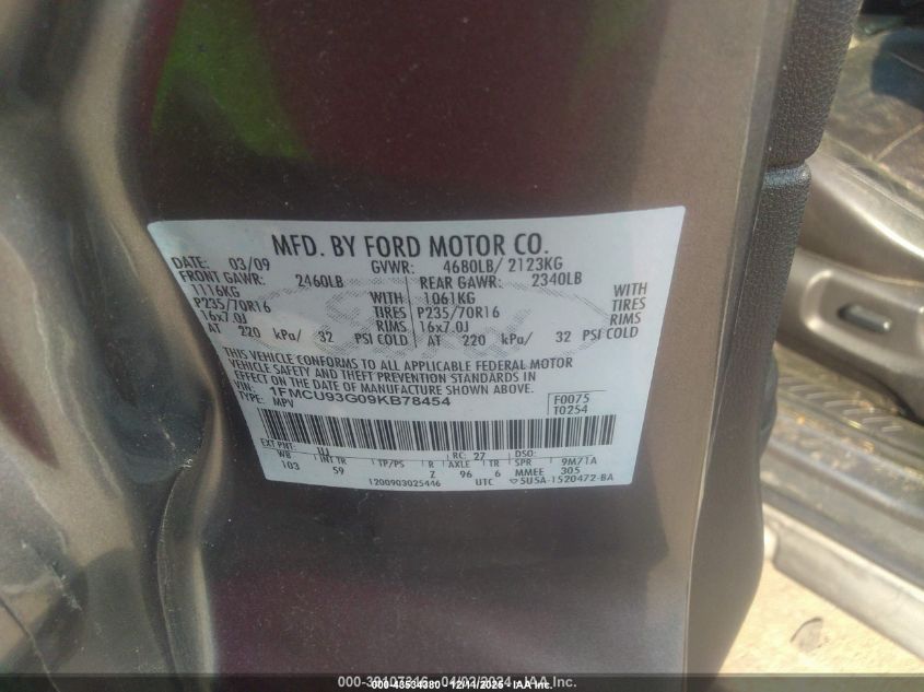 2009 Ford Escape Xlt VIN: 1FMCU93G09KB78454 Lot: 43534380