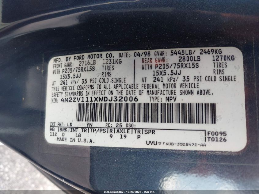 1998 Mercury Villager Gs/Ls/Nautica VIN: 4M2ZV111XWDJ32006 Lot: 43534382