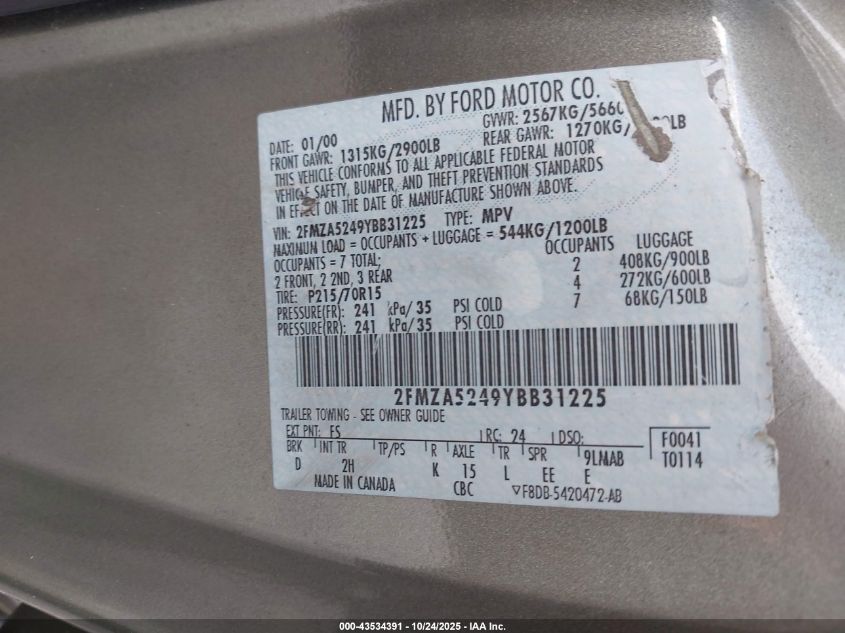 2000 Ford Windstar Se VIN: 2FMZA5249YBB31225 Lot: 43534391