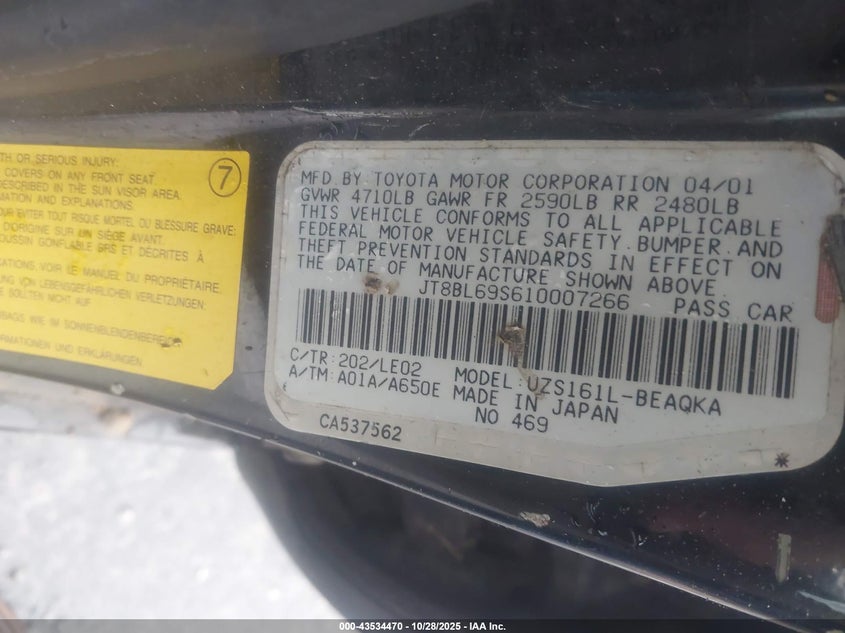 2001 Lexus Gs 430 VIN: JT8BL69S610007266 Lot: 43534470