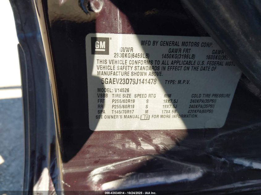2009 Buick Enclave Cxl VIN: 5GAEV23D79J141478 Lot: 43534514