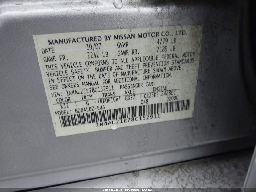 1N4AL21E78C152911 2008 NISSAN ALTIMA photo no. 9