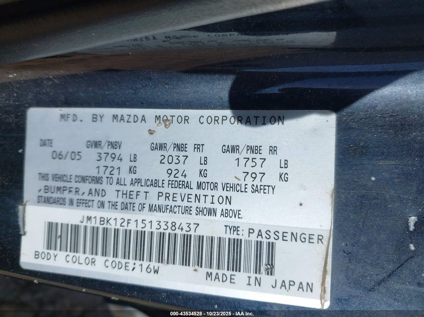 2005 Mazda Mazda3 I VIN: JM1BK12F151338437 Lot: 43534528