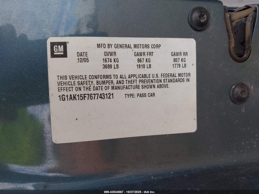 2006 Chevrolet Cobalt Ls VIN: 1G1AK15F767743121 Lot: 43534567