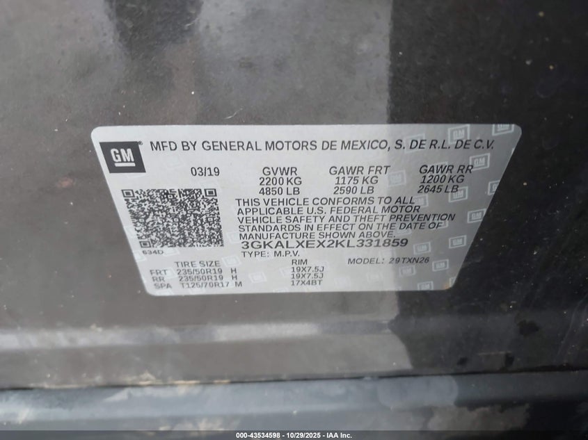 2019 GMC Terrain Denali VIN: 3GKALXEX2KL331859 Lot: 43534598