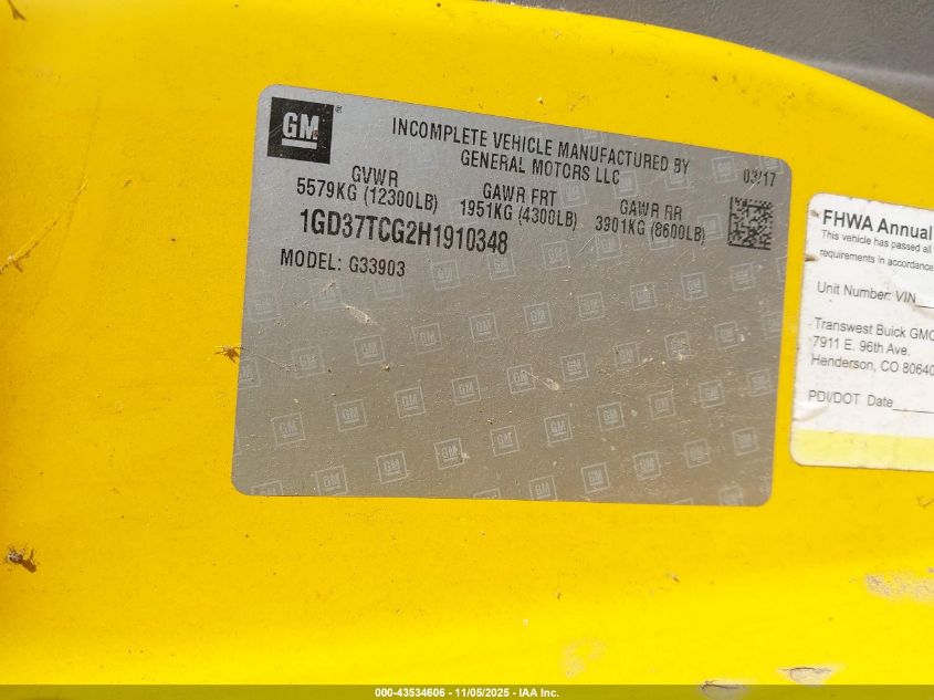 2017 GMC Savana Cutaway Work Van VIN: 1GD37TCG2H1910348 Lot: 43534606