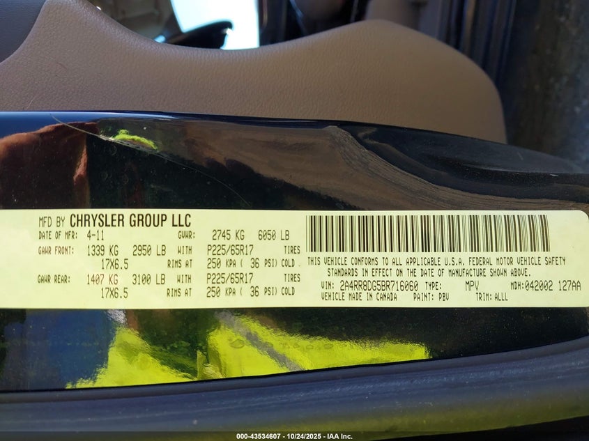 2011 Chrysler Town & Country Touring-L VIN: 2A4RR8DG5BR716060 Lot: 43534607