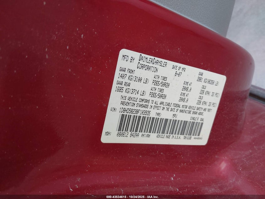2008 Dodge Durango Limited VIN: 1D8HD58238F103935 Lot: 43534615