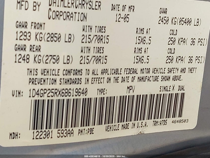 2006 Dodge Caravan Se VIN: 1D4GP25RX6B619640 Lot: 43534618