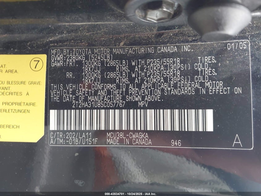 2005 Lexus Rx 330 VIN: 2T2HA31U85C057767 Lot: 43534701