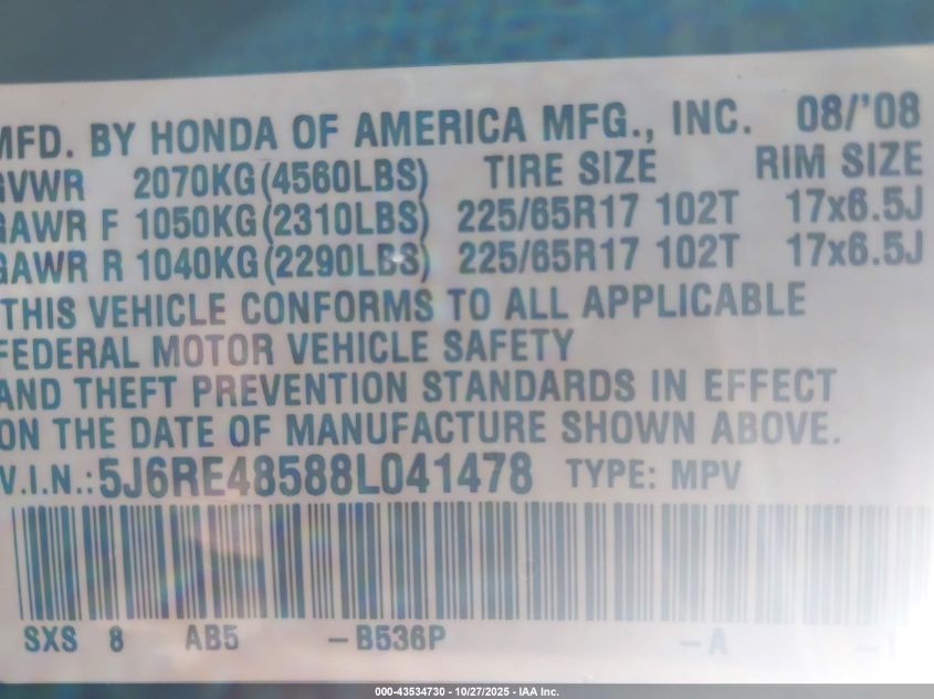 2008 Honda Cr-V Ex VIN: 5J6RE48588L041478 Lot: 43534730