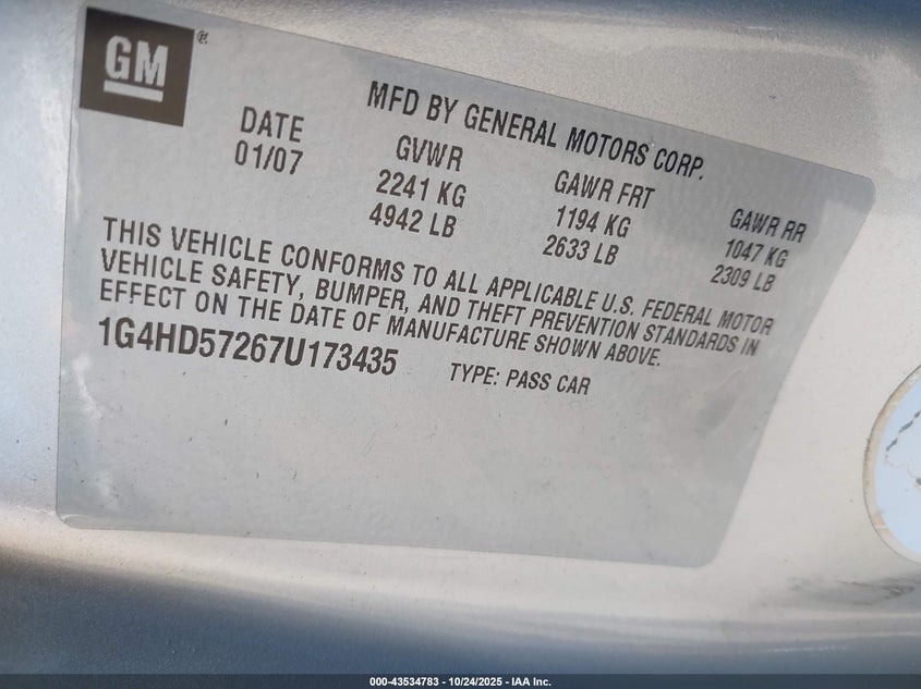 2007 Buick Lucerne Cxl VIN: 1G4HD57267U173435 Lot: 43534783