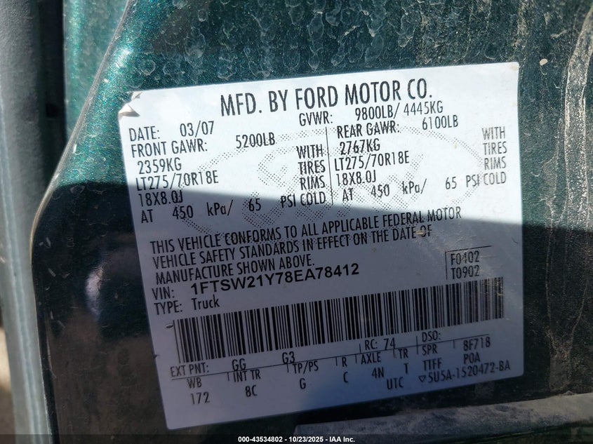 2008 Ford F-250 VIN: 1FTSW21Y78EA78412 Lot: 43534802