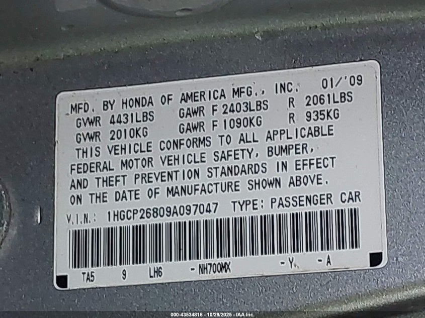 1HGCP26809A097047 2009 HONDA ACCORD photo no. 9