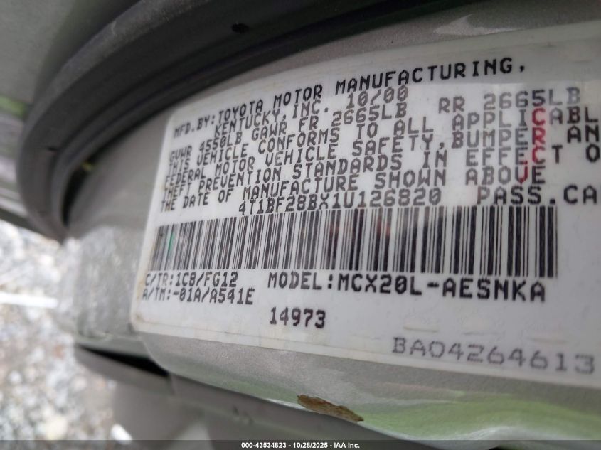 2001 Toyota Avalon Xl VIN: 4T1BF28BX1U126820 Lot: 43534823