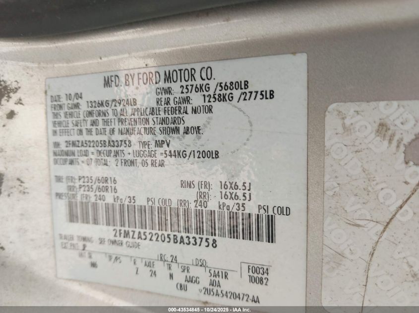 2005 Ford Freestar Sel VIN: 2FMZA52205BA33758 Lot: 43534845