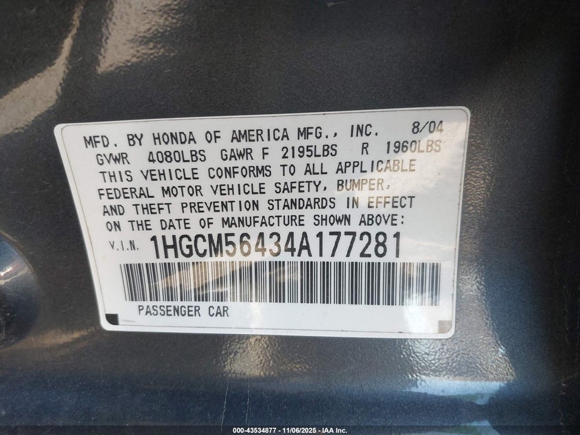 2004 Honda Accord 2.4 Lx VIN: 1HGCM56434A177281 Lot: 43534877