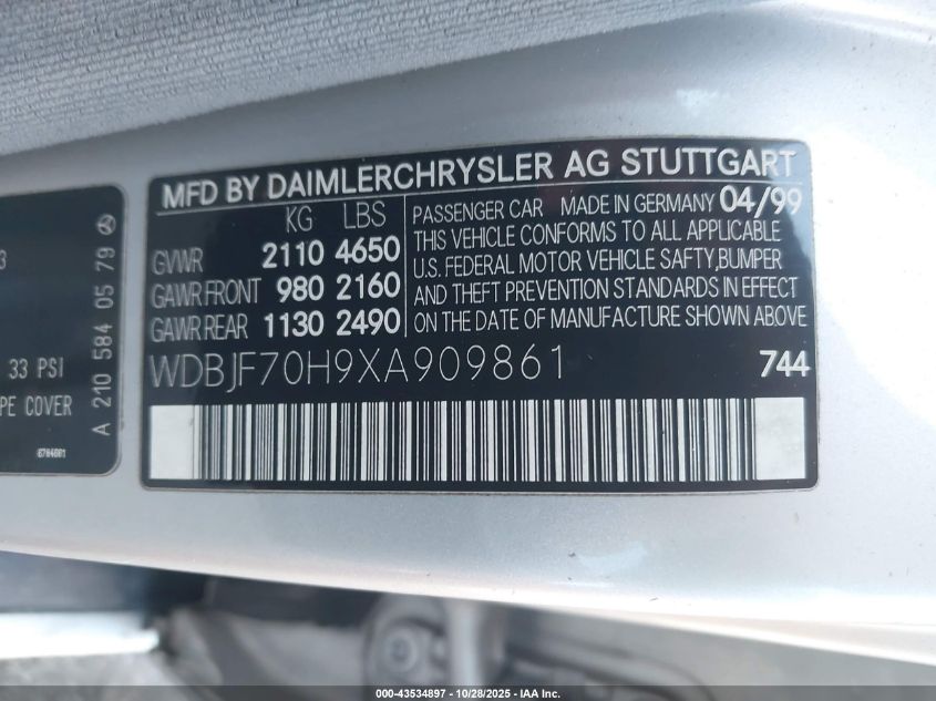 1999 Mercedes-Benz E 430 VIN: WDBJF70H9XA909861 Lot: 43534897