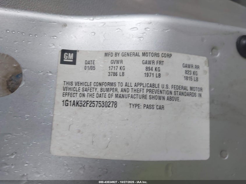 2005 Chevrolet Cobalt VIN: 1G1AK52F257530278 Lot: 43534927