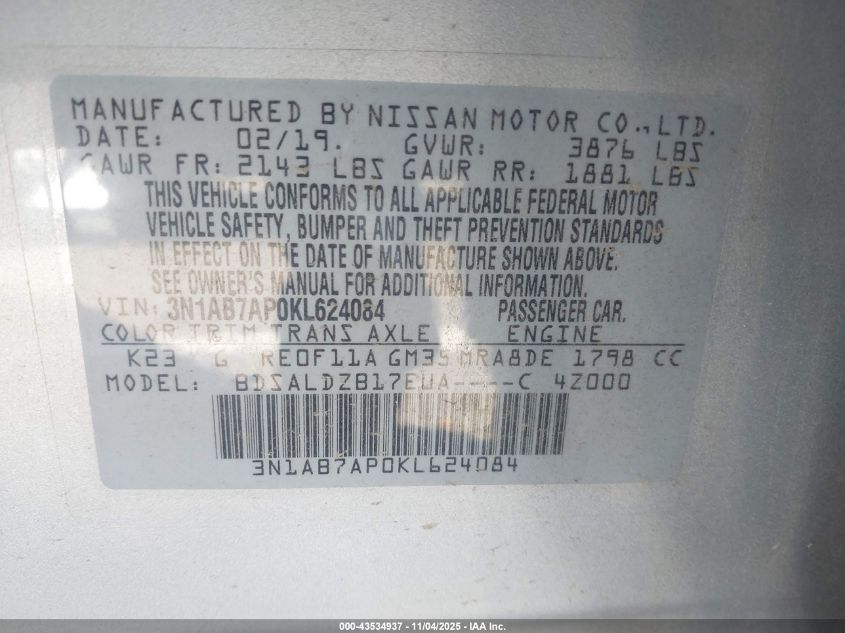 2019 Nissan Sentra Sv VIN: 3N1AB7AP0KL624084 Lot: 43534937