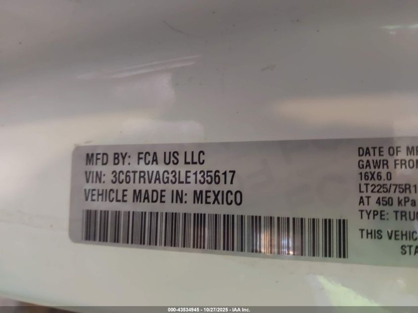 2020 Ram Promaster 1500 Low Roof 136 Wb VIN: 3C6TRVAG3LE135617 Lot: 43534945