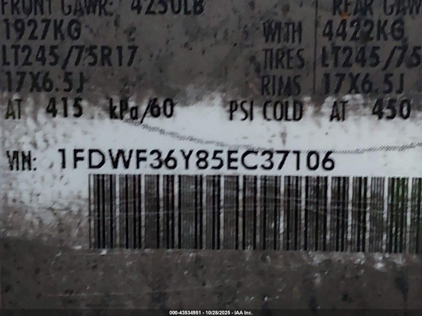 2005 Ford F-350 Xl/Xlt VIN: 1FDWF36Y85EC37106 Lot: 43534951