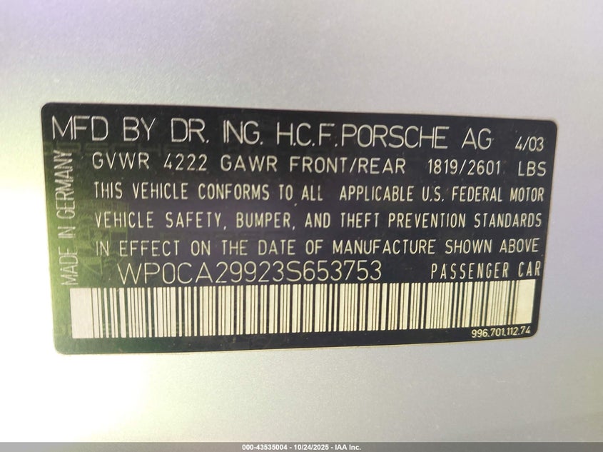 2003 Porsche 911 Carrera/Carrera 4 VIN: WP0CA29923S653753 Lot: 43535004