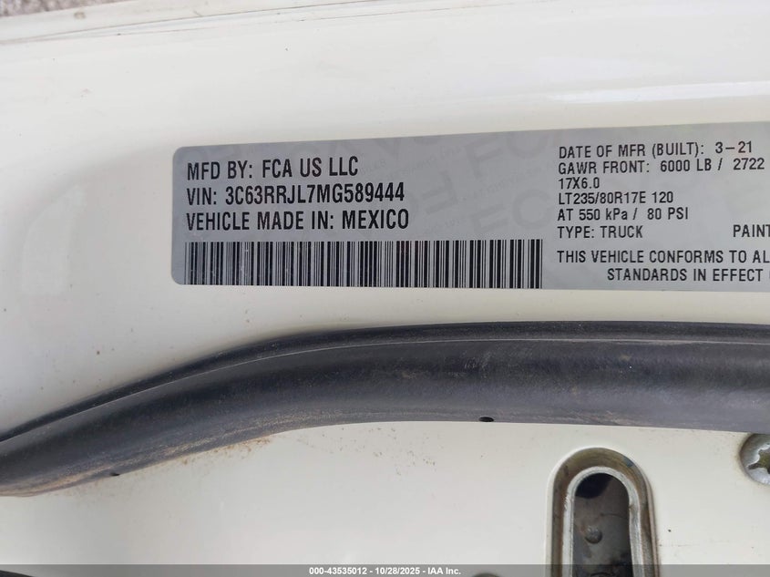 2021 Ram 3500 Laramie 4X4 8' Box VIN: 3C63RRJL7MG589444 Lot: 43535012