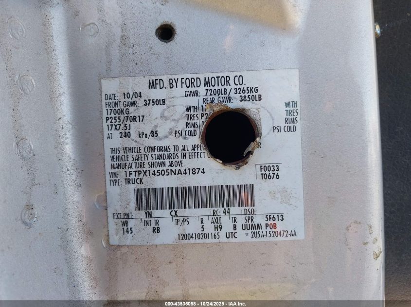 2005 Ford F-150 Fx4/Lariat/Xl/Xlt VIN: 1FTPX14505NA41874 Lot: 43535058