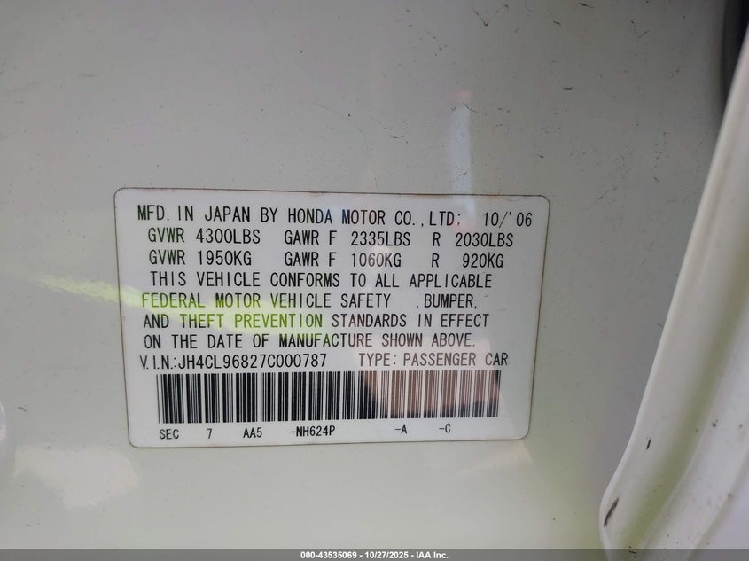 2007 Acura Tsx VIN: JH4CL96827C000787 Lot: 43535069