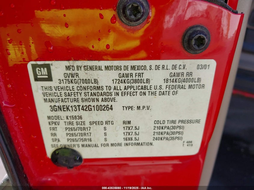 2002 Chevrolet Avalanche 1500 VIN: 3GNEK13T42G100264 Lot: 43535080