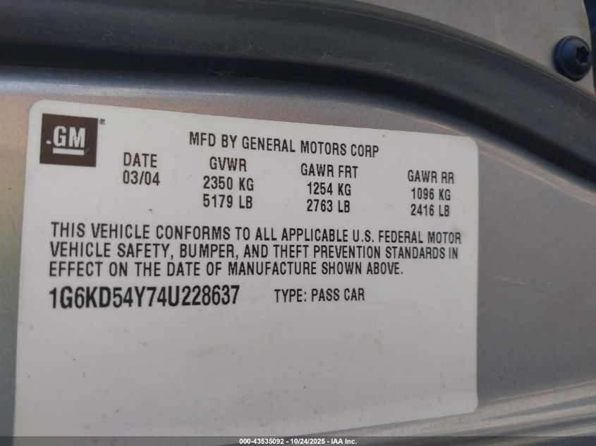 2004 Cadillac Deville Standard VIN: 1G6KD54Y74U228637 Lot: 43535092