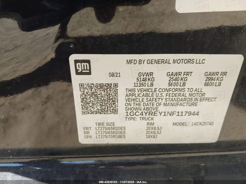 2022 Chevrolet Silverado 2500Hd VIN: 1GC4YREY1NF117944 Lot: 43535103