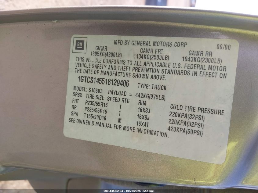 2001 GMC Sonoma Sls VIN: 1GTCS145518129406 Lot: 43535104