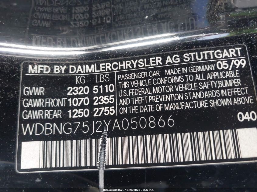 2000 Mercedes-Benz S 500 VIN: WDBNG75J2YA050866 Lot: 43535152