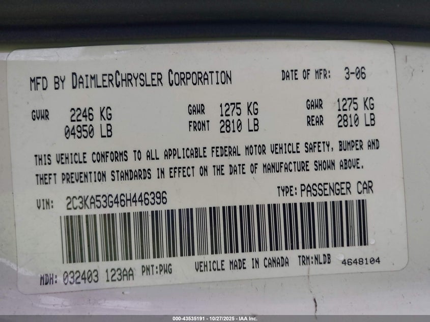 2006 Chrysler 300 Touring VIN: 2C3KA53G46H446396 Lot: 43535191