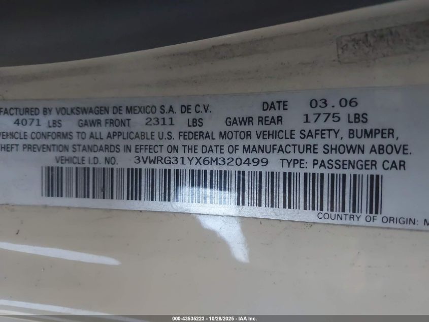 2006 Volkswagen New Beetle 2.5 VIN: 3VWRG31YX6M320499 Lot: 43535223