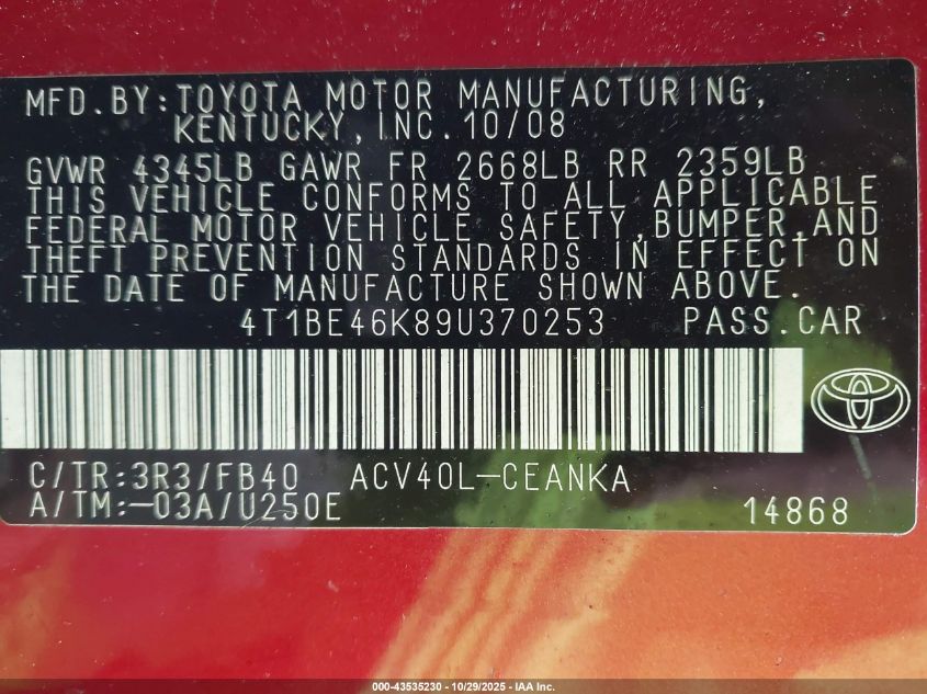 2009 Toyota Camry Le VIN: 4T1BE46K89U370253 Lot: 43535230
