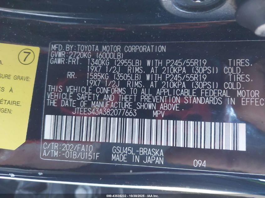 2008 Toyota Highlander Sport VIN: JTEES43A382077663 Lot: 43535232