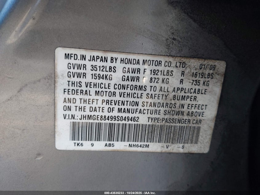 2009 Honda Fit Sport VIN: JHMGE88499S049462 Lot: 43535233