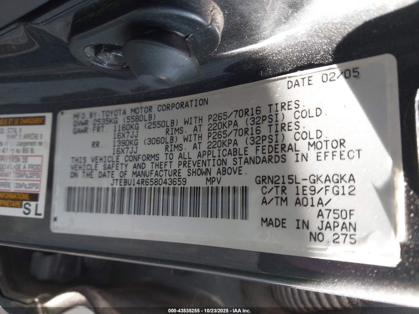 JTEBU14R658043659 2005 TOYOTA 4RUNNER photo no. 9