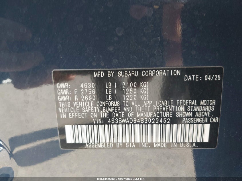2025 Subaru Legacy Premium VIN: 4S3BWAD64S3022452 Lot: 43535266
